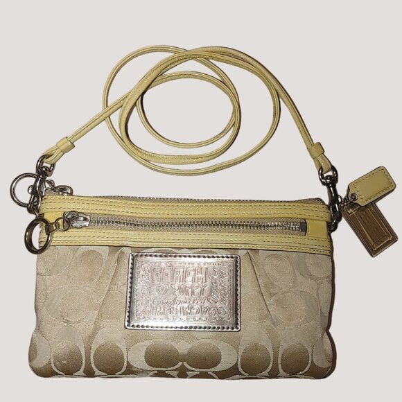 Coach Signature Logo Poppy Beige Yellow Crossbody Wristlet Purse Convertible - Picture 1 of 12